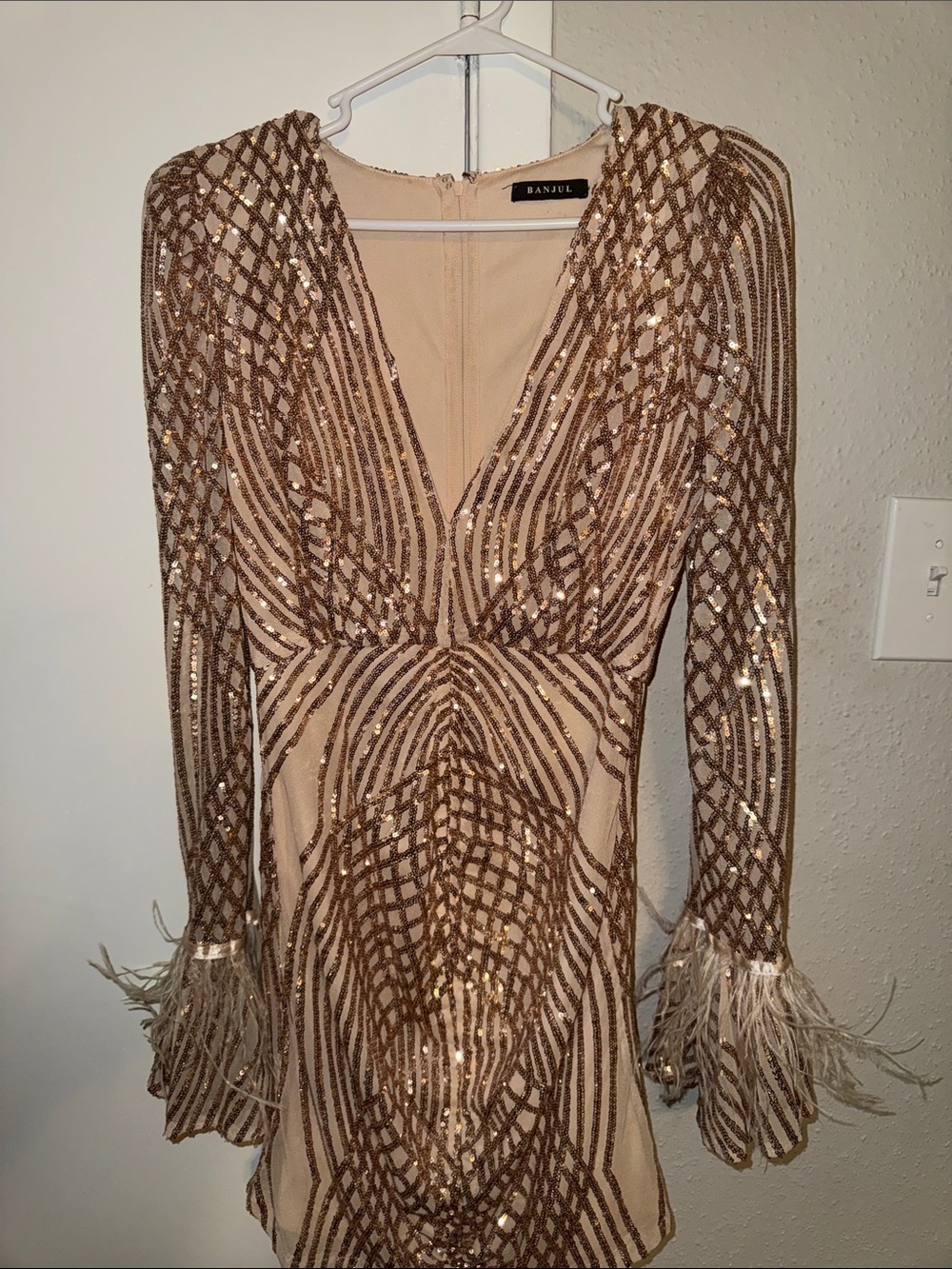 Banjul Gold Sequin and Nude Feather Cuff Mini Dress